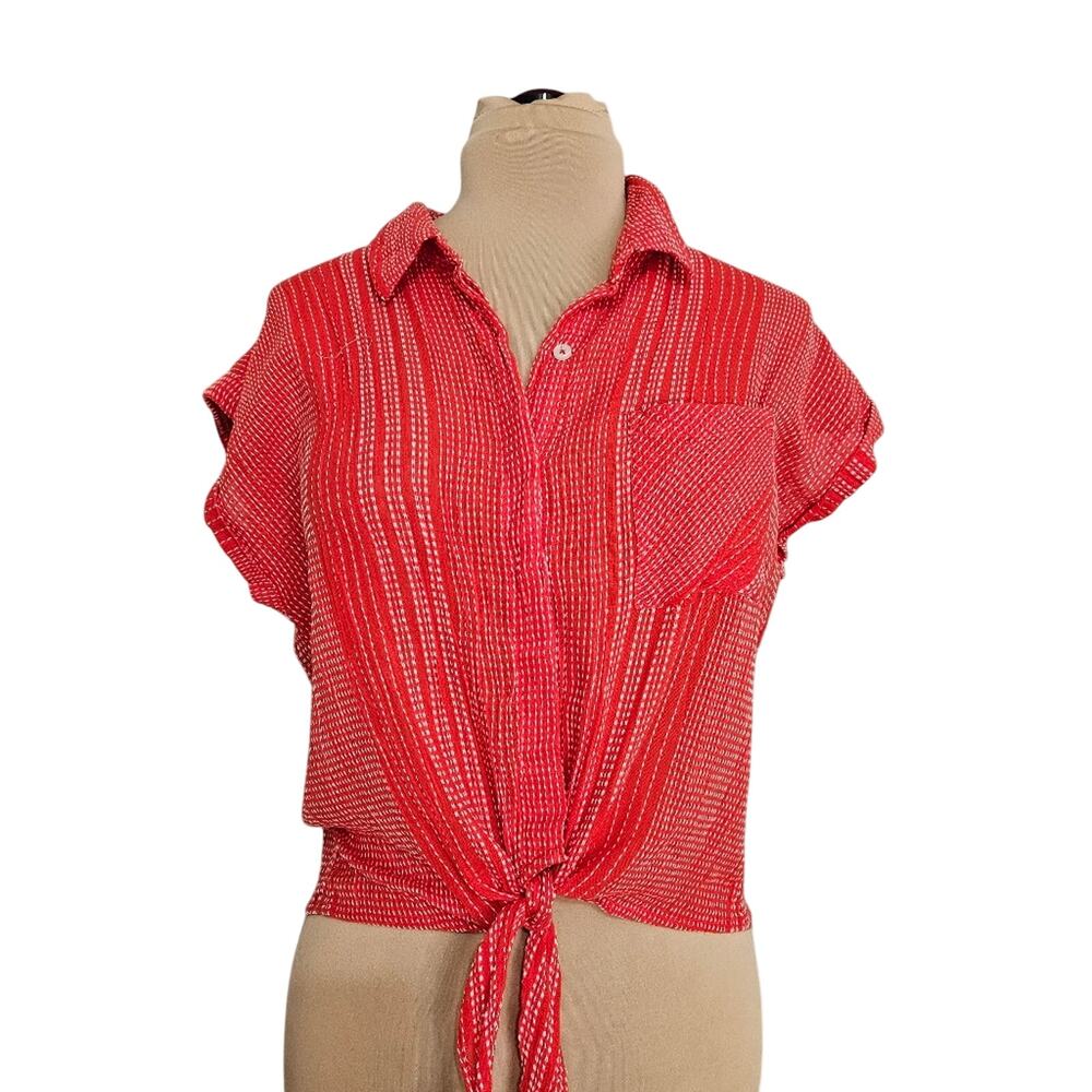 Harper Heritage Red White Striped Cotton‎ Tie Front Button Top Size L Boho